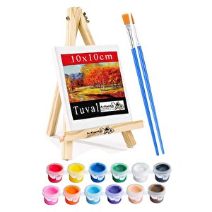 Mini Şövale 10x10 Cm Tuval 3 Ml Akrilik Boya 12 Renk Ve Fırça 1 Paket 10x10 Mini Tuval Masaüstü Küçük Şövale Boyama Seti