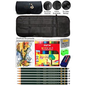 Resim Defteri 25x35 Cm 24 Renk Kuru Boya Dereceli Kurşun Kalem Rulo Kalemlik 24 Bölmeli Hamur Silgi Kalemtraş Görsel