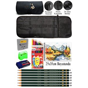 Resim Defteri 25x35 Cm 12 Renk Kuru Boya Dereceli Kurşun Kalem Rulo Kalemlik 24 Bölmeli Hamur Silgi Kalemtraş Görsel