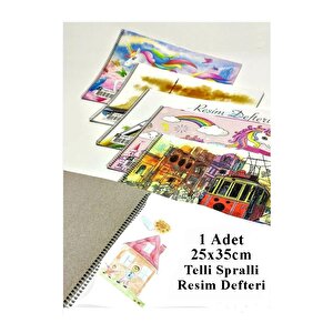 Resim Defteri 25x35 Cm 12 Renk Kuru Boya Dereceli Kurşun Kalem Rulo Kalemlik 24 Bölmeli Hamur Silgi Kalemtraş Görsel