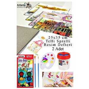 12 Renk Fatih Sulu Boya 25x35 Cm Telli Spralli Resim Defteri Resim Paleti Resim Fırçası Temizleme Kabı Suluboya Okul