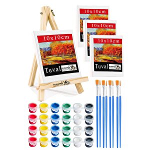 Mini Şövale 10x10 Cm Tuval 3 Ml Akrilik Boya 6 Renk Ve Fırça 4 Adet 10x10 Mini Tuval Masaüstü Küçük Şövale Boyama Seti