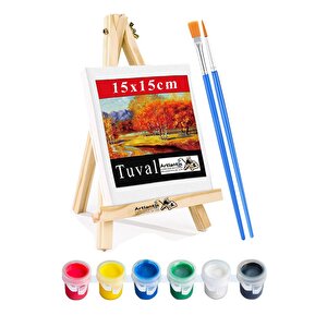 Mini Şövale 15x15 Cm Tuval 3 Ml Akrilik Boya 6 Renk Ve Fırça 1 Paket 15x15 Mini Tuval Masaüstü Küçük Şövale Boyama Seti