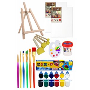 Mini Şövale 25x35 2 Li Tuval Mydido 6 Renk Akrilik Boya Başlangıç Seti Fırça Palet Ponpon Su Kabı Masaüstü Sanatsal