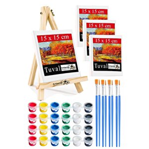 Mini Şövale 15x15 Cm Tuval 3 Ml Akrilik Boya 6 Renk Ve Fırça 4 Adet 15x15 Mini Tuval Masaüstü Küçük Şövale Boyama Seti