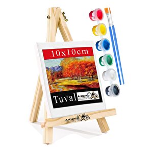 Mini Şövale 10x10 Cm Tuval 3 Ml Akrilik Boya 6 Renk Ve Fırça 1 Paket 10x10 Mini Tuval Masaüstü Küçük Şövale Boyama Seti
