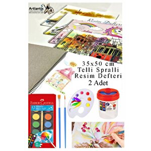 12 Renk Sulu Boya 35x50 Cm Telli Spralli Resim Defteri Resim Paleti Resim Fırçası Temizleme Kabı Suluboya Okul Öğrenci