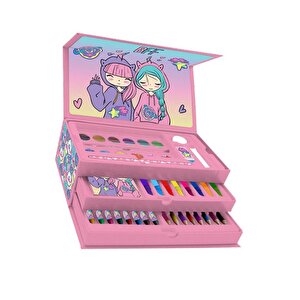 Kız Çocukları İçin Hediye Kutulu Boyama Seti 1 Paket 12 Li Suluboya 8 Li Keçeli Kalem 8 Li Kuruboya 8 Li Pastel Boya