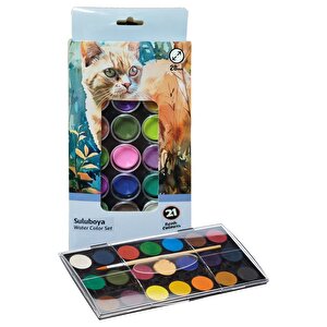 21 Renk Sulu Boya 1 Paket Fırça Hediyeli 21 Li Suluboya Canlı Renkler 28 Mm Boya Çapı Büyük Boy Brons