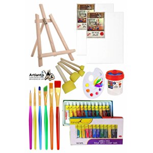 Mini Şövale 25x35 2 Li Tuval Fanart 12 Renk Yağlı Boya Başlangıç Seti Fırça Palet Ponpon Su Kabı Masaüstü Sanatsal