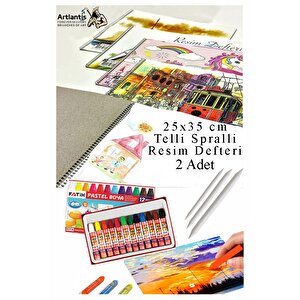 12 Renk Fatih Pastel Boya 25x35 Cm Telli Spralli Resim Defteri Pastel Dağıtma Kalemi 15 Yaprak Resim Defteri Yağlı