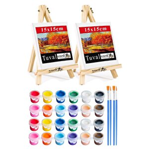 Mini Şövale 15x15 Cm Tuval 3 Ml Akrilik Boya 12 Renk Ve Fırça 2 Adet 15x15 Mini Tuval Masaüstü Küçük Şövale Boyama Seti