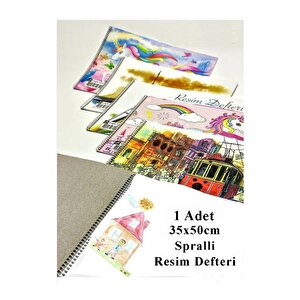 Resim Defteri 35x50 Cm 12 Renk Kuru Boya Dereceli Kurşun Kalem Rulo Kalemlik 24 Bölmeli Hamur Silgi Kalemtraş Görsel