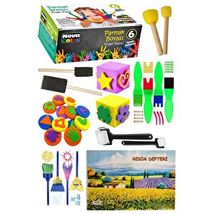 Parmak Boyası 6 Renk Nova Color Resim Defteri 25x35 Sünger Eva Baskı Damga Spatula Rulo Kesik Sünger Eva Okul Öncesi