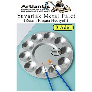 Yuvarlak Metal Palet 3 Adet Metal Boya Paleti 10 Hazneli 17 Cm Paslanmaz Resim Boyama Paleti Fırça Hediyeli