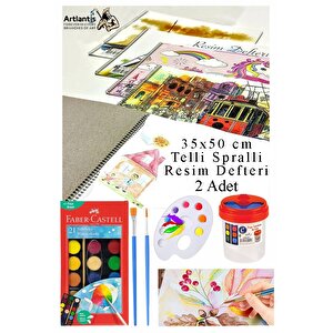 21 Renk Sulu Boya 35x50 Cm Telli Spralli Resim Defteri Resim Paleti Resim Fırçası Temizleme Kabı Suluboya Okul Öğrenci