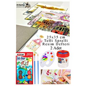 21 Renk Fatih Sulu Boya 25x35 Cm Telli Spralli Resim Defteri Resim Paleti Resim Fırçası Temizleme Kabı Suluboya Okul