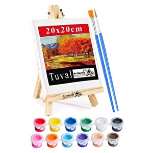Mini Şövale 20x20 Cm Tuval 3 Ml Akrilik Boya 12 Renk Ve Fırça 1 Paket 20x20 Mini Tuval Masaüstü Küçük Şövale Boyama Seti