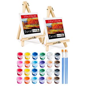 Mini Şövale 10x10 Cm Tuval 3 Ml Akrilik Boya 12 Renk Ve Fırça 2 Adet 10x10 Mini Tuval Masaüstü Küçük Şövale Boyama Seti