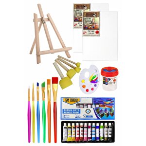 Mini Şövale 25x35 2 Li Tuval Mydido 12 Renk Akrilik Boya Başlangıç Seti Fırça Palet Ponpon Su Kabı Masaüstü Sanatsal