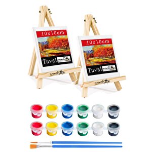 Mini Şövale 10x10 Cm Tuval 3 Ml Akrilik Boya 6 Renk Ve Fırça 2 Adet 10x10 Mini Tuval Masaüstü Küçük Şövale Boyama Seti