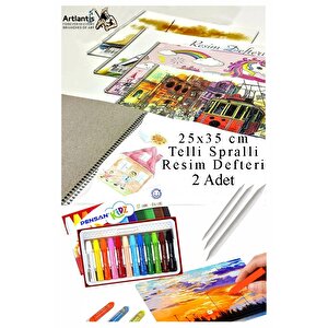 12 Renk Pensan Pastel Boya 25x35 Cm Telli Spralli Resim Defteri Pastel Dağıtma Kalemi 15 Yaprak Resim Defteri Yağlı