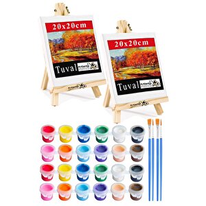Mini Şövale 20x20 Cm Tuval 3 Ml Akrilik Boya 12 Renk Ve Fırça 2 Adet 20x20 Mini Tuval Masaüstü Küçük Şövale Boyama Seti