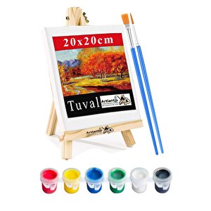 Mini Şövale 20x20 Cm Tuval 3 Ml Akrilik Boya 6 Renk Ve Fırça 1 Paket 20x20 Mini Tuval Masaüstü Küçük Şövale Boyama Seti