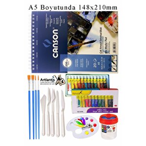 Canson Çok Amaçlı Sanatsal Blok A5 200 Gr 20 Yaprak 1 Adet Fanart 12 Renk Yağlı Boya Fırça Palet Spatula Fırça Temizleme