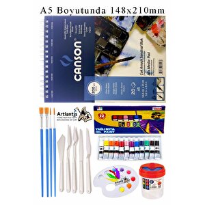 Canson Çok Amaçlı Sanatsal Blok A5 200 Gr 20 Yaprak 1 Adet Mydido 12 Renk Yağlı Boya Fırça Palet Spatula Fırça Temizleme