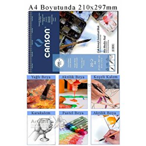 Canson Çok Amaçlı Sanatsal Blok A4 200 Gr 20 Yaprak 1 Adet Mydido 12 Renk Yağlı Boya Fırça Palet Spatula Fırça Temizleme
