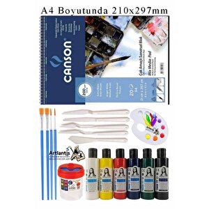 Canson Çok Amaçlı Sanatsal Blok A4 200 Gr 20 Yaprak 1 Adet 6 Renk Akrilik Boya Fırça Palet Spatula Fırça Temizleme Kabı