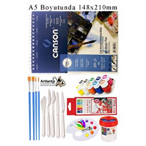 Canson Çok Amaçlı Sanatsal Blok A5 200 Gr 20 Yaprak 1 Adet 10 Renk Guaj Boya Fırça Palet Spatula Fırça Temizleme Kabı