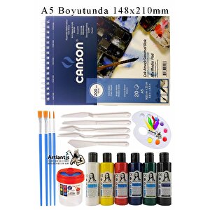Canson Çok Amaçlı Sanatsal Blok A5 200 Gr 20 Yaprak 1 Adet 6 Renk Akrilik Boya Fırça Palet Spatula Fırça Temizleme Kabı