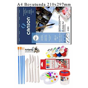 Canson Çok Amaçlı Sanatsal Blok A4 200 Gr 20 Yaprak 1 Adet 10 Renk Guaj Boya Fırça Palet Spatula Fırça Temizleme Kabı