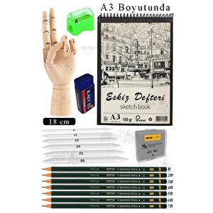 Ahşap El Modeli 18 Cm Ve A3 Eskiz Defteri Modelleme Seti 1 Paket Dereceli Kalem Karakalem Dağıtma Hamur Silgi Kalemtraş