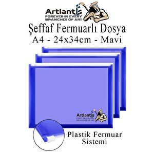 A4 Şeffaf Fermuarlı Dosya Mavi 3 Adet Pvc Fermuarlı Evrak Dosyası 24x34cm Çıtçıtlı Belge Evrak Dosyası Ofis Büro Okul