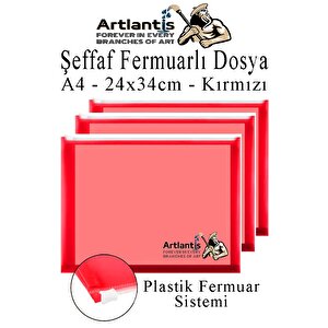 A4 Şeffaf Fermuarlı Dosya Kırmızı 3 Adet Pvc Fermuarlı Evrak Dosyası 24x34cm Çıtçıtlı Belge Evrak Dosyası Ofis Büro Okul