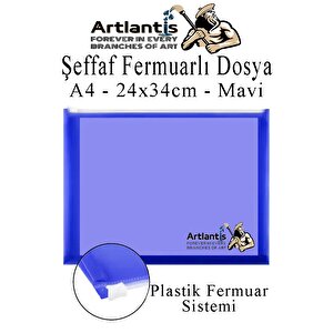 A4 Şeffaf Fermuarlı Dosya Mavi 1 Adet Pvc Fermuarlı Evrak Dosyası 24x34cm Çıtçıtlı Belge Evrak Dosyası Ofis Büro Okul