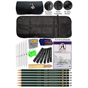 A4 Telli Eskiz Defteri Monalisa Spiralli Kömür Kalem Karakalem Rulo Kalemlik Siyah 24 Bölmeli Dereceli Kalem Gölgeleme