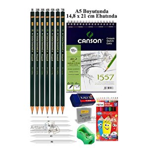 Canson Eskiz Defteri A5 40 Yaprak Fatih Dereceli Kalem 12 Renk Kuru Boya Sketch Karakalem 6 Lı Gölgelendirme Hamur Silgi