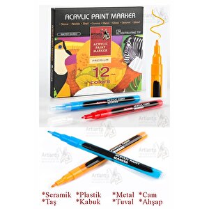 12 Renk Akrilik Markör Keçeli Kalem 1 Adet 12 Li Acrylic Paint Marker Taş Cam Metal Seramik Plastik Tuval Ahşap 0.5 Cm