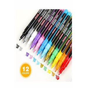 12 Renk Akrilik Markör Keçeli Kalem 1 Adet 12 Li Acrylic Paint Marker Taş Cam Metal Seramik Plastik Tuval Ahşap 0.5 Cm