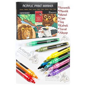 12 Renk Akrilik Markör Keçeli Kalem 1 Adet 12 Li Acrylic Marker Taş Cam Metal Seramik Plastik Tuval Ahşap 0.7-1 Cm