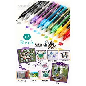 12 Renk Akrilik Markör Keçeli Kalem 1 Adet 12 Li Acrylic Marker Taş Cam Metal Seramik Plastik Tuval Ahşap 0.7-1 Cm