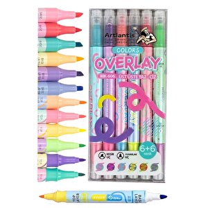Overlay Fosforlu Kalem 6+6 Renk 1 Paket 12 Renk İnce Ve Kesik Uçlu Fosforlu İşaretleme Kalemi Keçe Uçlu Kalem