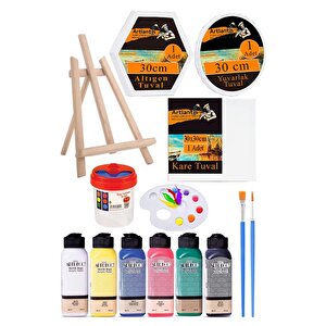Kare Yuvarlak Ve Altıgen Tuval 30 Cm 6 Renk 140 Ml Akrilik Boya Şövale 1 Paket 30x30 Cm Arkadan Zımbalı Astarlı Resim