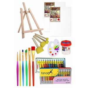 Mini Şövale 25x35 2 Li Tuval Fanart 12 Renk Akrilik Boya Başlangıç Seti Fırça Palet Ponpon Su Kabı Masaüstü Sanatsal