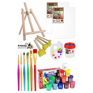 Mini Şövale 25x35 2 Li Tuval Fatih 12 Renk Guaj Boya Başlangıç Seti Fırça Palet Ponpon Temizleme Kabı Masaüstü Sanatsal