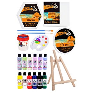 Kare Yuvarlak Ve Altıgen Tuval 30 Cm 12 Renk Akrilik Boya Şövale 1 Paket 30x30 Cm Arkadan Zımbalı Astarlı Resim Tuvali